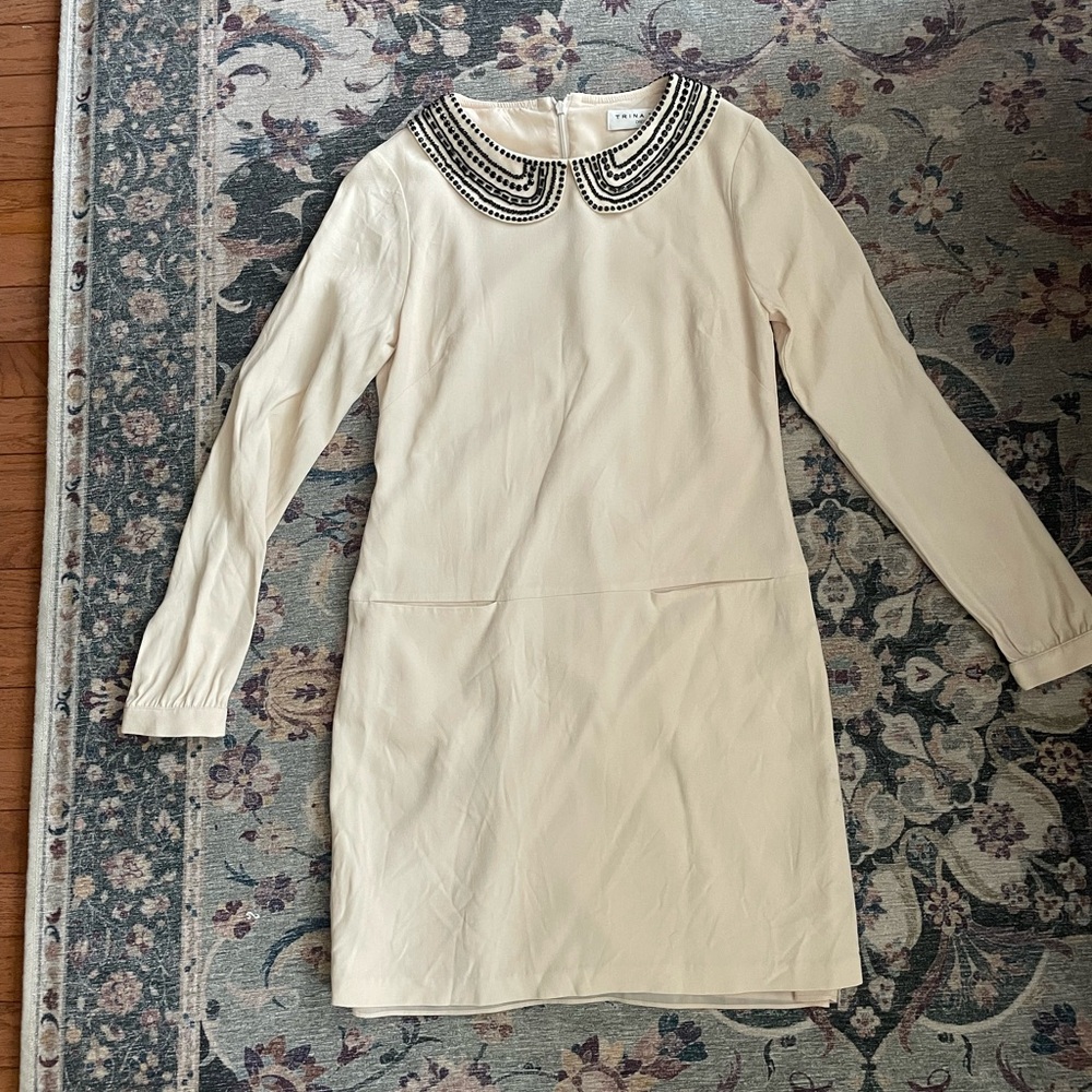 Baroness Dress - Cream mini dress with beaded Peter Pan collar